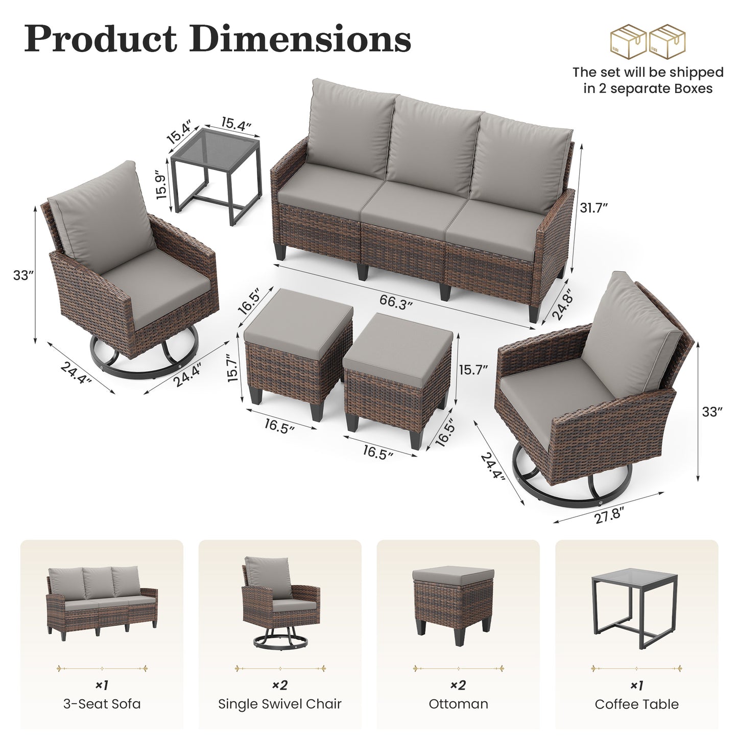 Outdoor Patio Furniture Set, 6 Pieces Conversation Sofa with 360°Swivel Chairs, All Weather Wicker Outdoor Furniture Couch for Backyard Garden Pool Deck,Grey