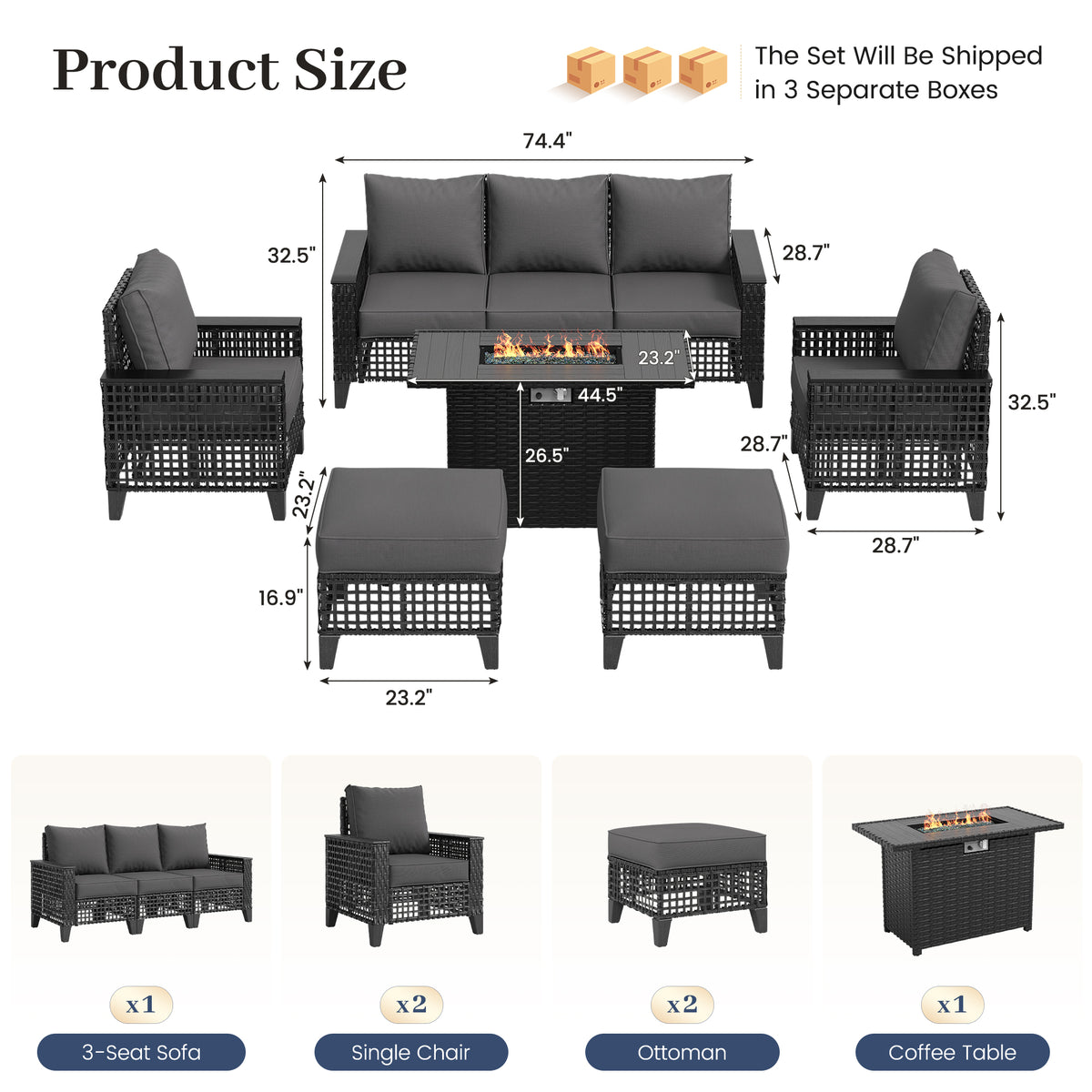 Amopatio Patio Furniture Set with Fire Pit Table, Wicker Conversation Set, Grey