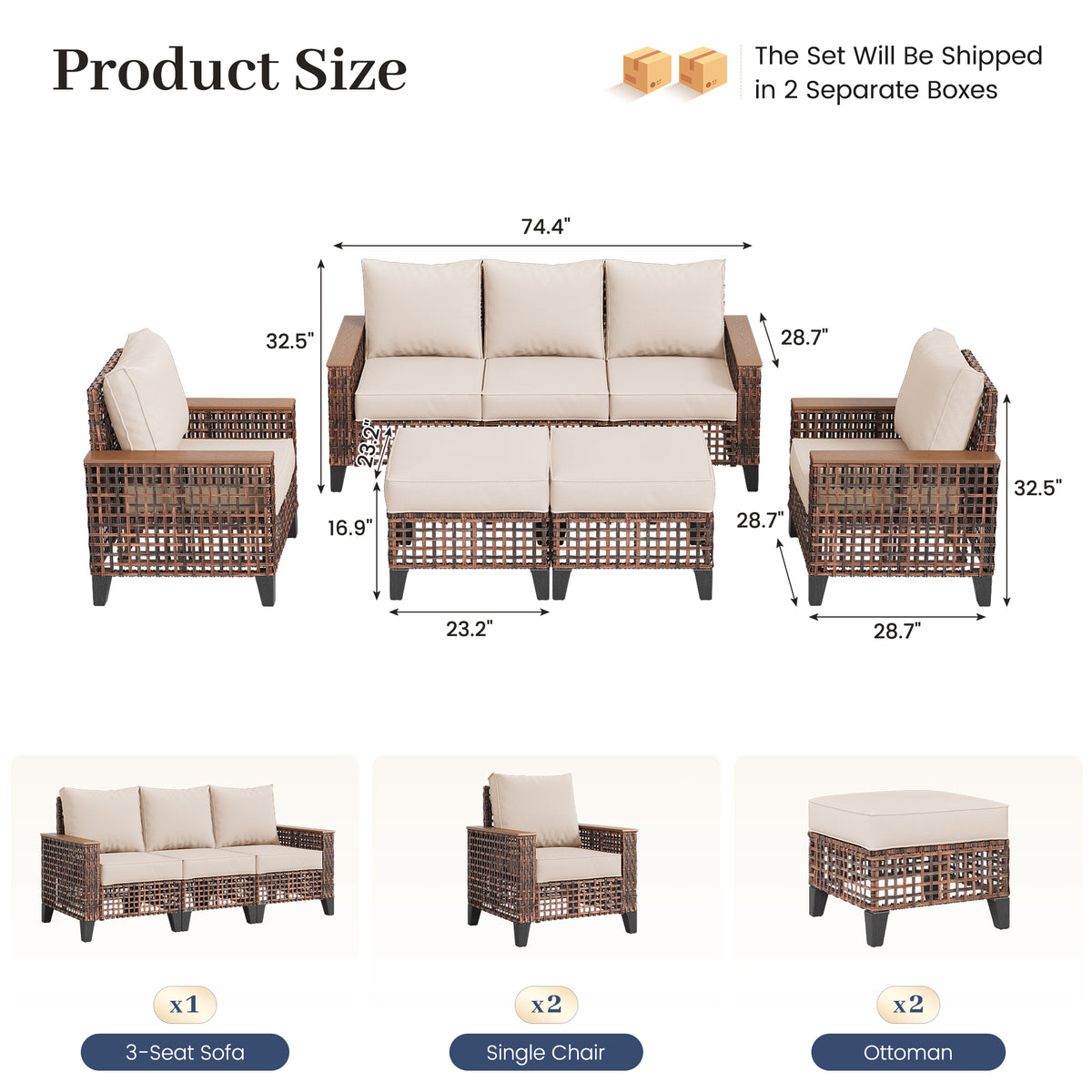 Amopatio Outdoor Patio Furniture Set 7-Piece Wicker Conversation Set, Khaki