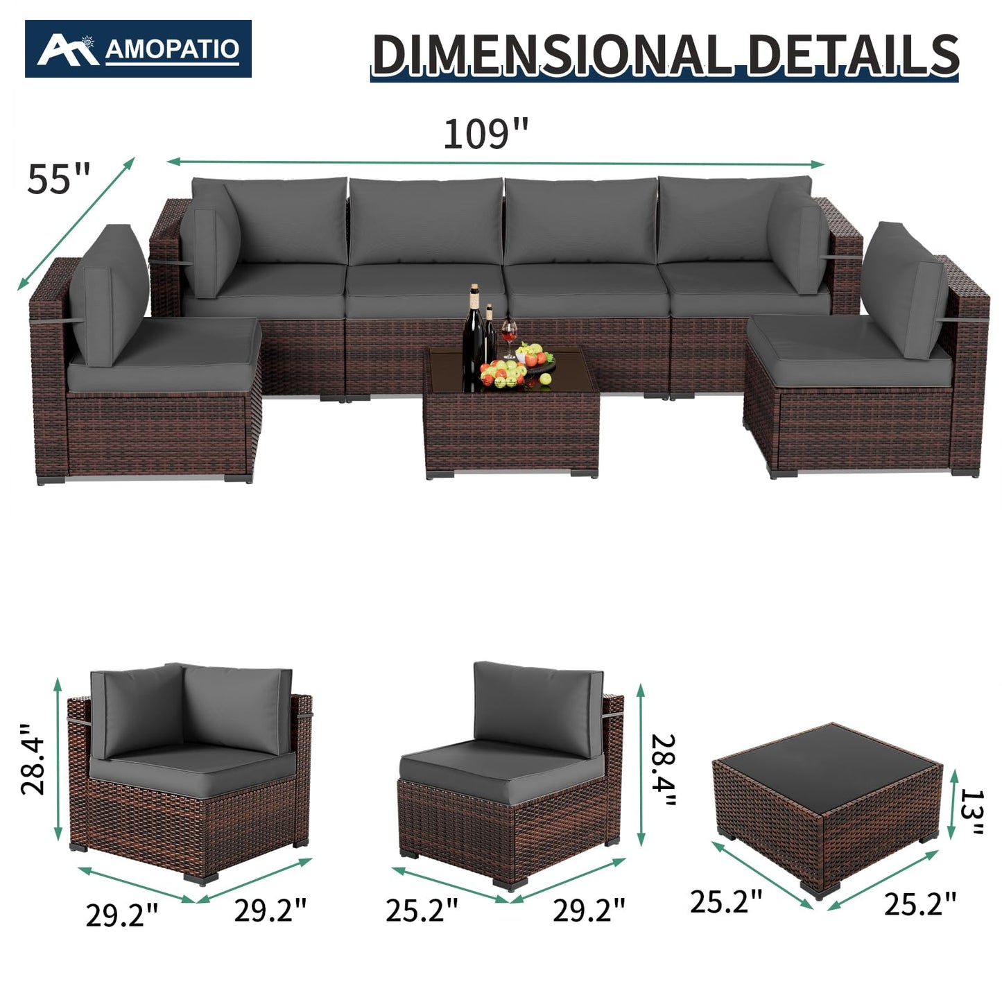 7 Pieces Patio Furniture Sets with Waterproof Cover, Outdoor Rattan Sectional Sofa Set with Glass Table and Cushions,Wicker Patio Set for Outdoor Indoor Backyard Lawn Garden Porch (Grey)