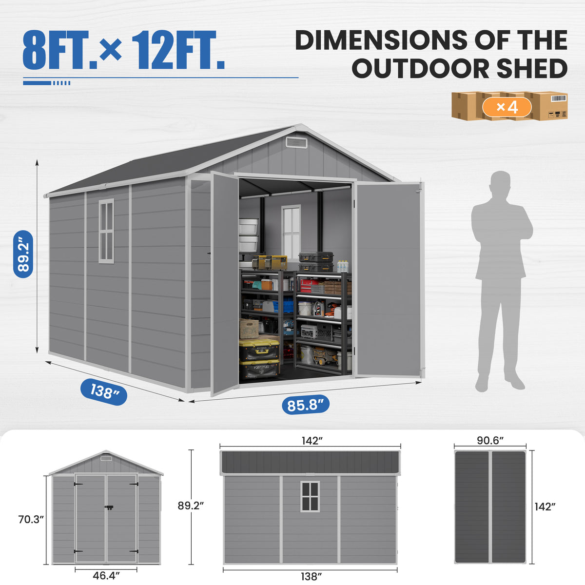 Amopatio 8X12 FT Resin Storage Shed with Floor Included, Plastic Outdoor Shed with Lockable Door, Window & Vents, for Lawnmower, Garden Tools, Pool Supplies, Grey & White