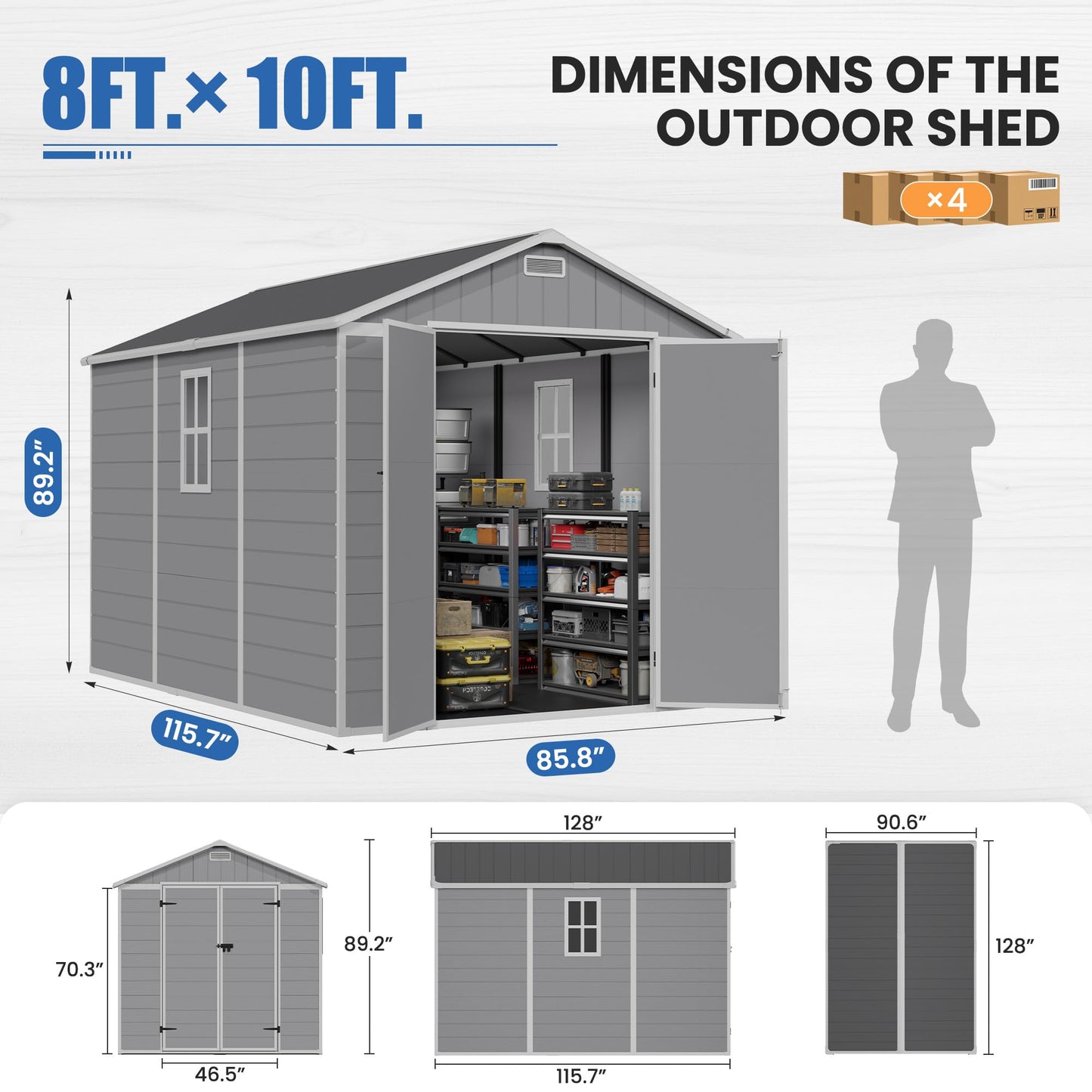 Amopatio 8x10 FT Storage Shed with Floor Included, Light Grey