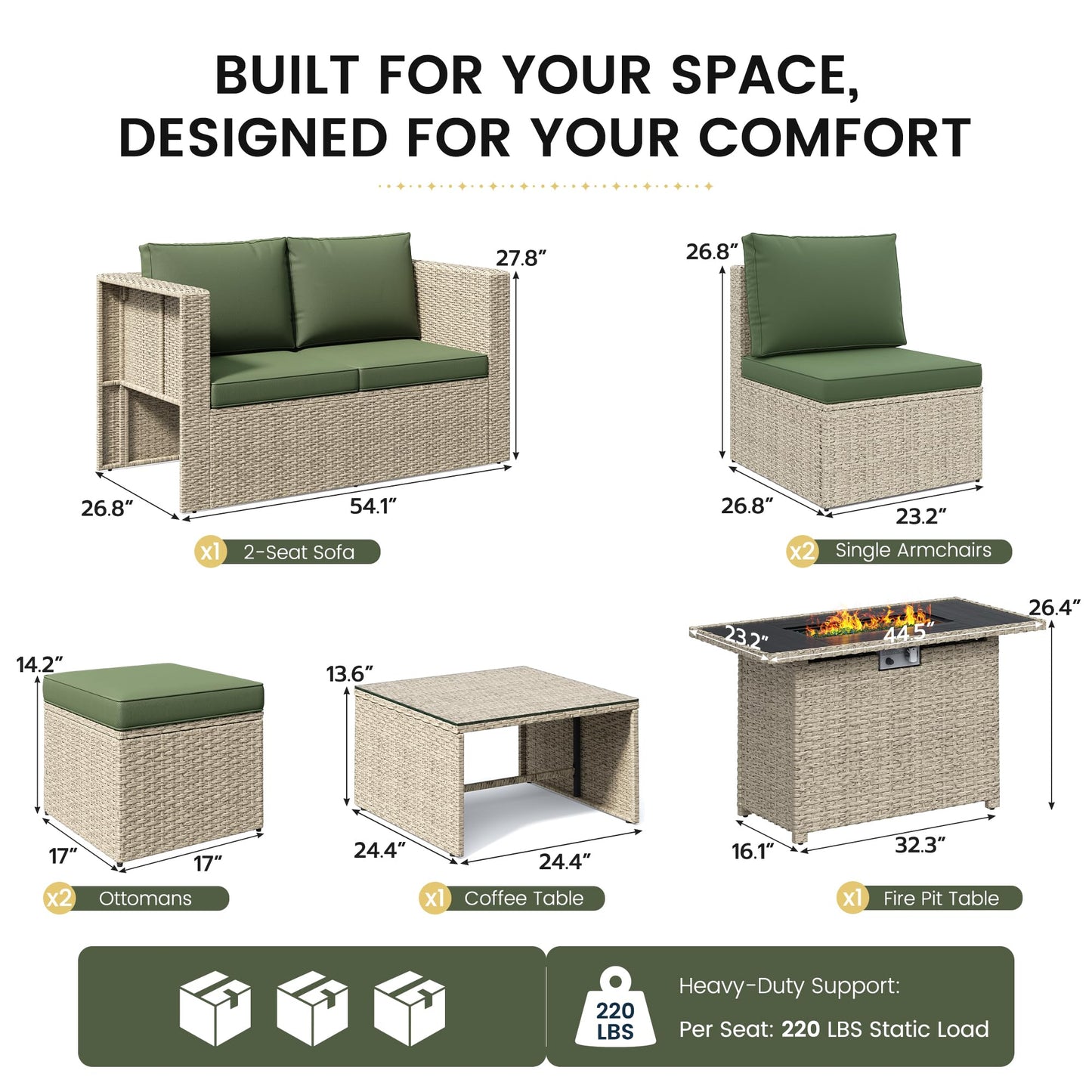Amopatio 7 Pieces Patio Furniture Set with Fire Pit Table, All-Weather Wicker Outdoor Conversation Sofa Set with Glass Coffee Table, Cushions & Ottomans for Deck Backyard Porch Lawn Green