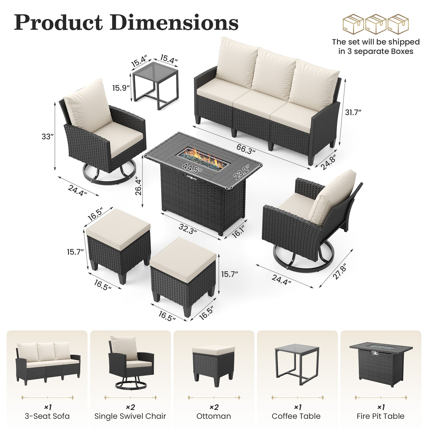 Amopatio Patio Furniture Set with Fire Pit Table,7 Pieces Conversation Sofa with 360° Swivel Chairs, All Weather Wicker Outdoor Furniture Couch for Backyard Garden Pool Deck,Beige
