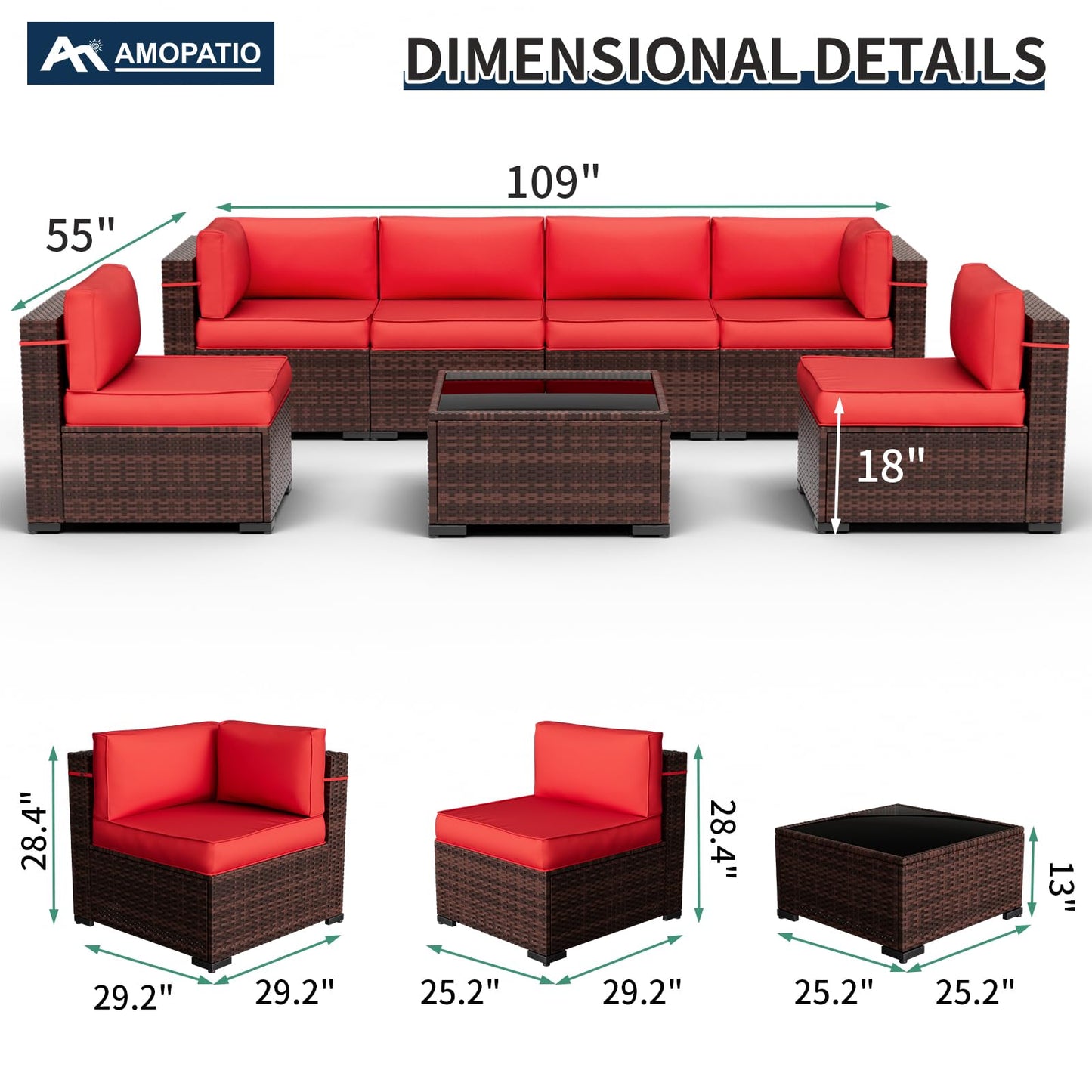 Amopatio Patio Furniture Set 7 Pieces Patio Conversation Set Outdoor Sectional Wicker Rattan Sofa with All-Weather Cover, Patio Furniture with Pillows Fits Porch Garden Backyard Balcony(Red)