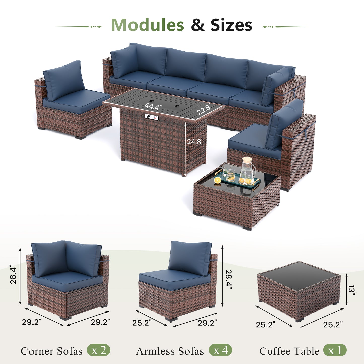 Amopatio 8 Pieces Patio Furniture Set with Fire Pit Table, Outdoor Sectional Conversation Sofa with Waterproof Cover, All-Weather Wicker for Garden, Backyard, Porch, Balcony(Navy Blue)