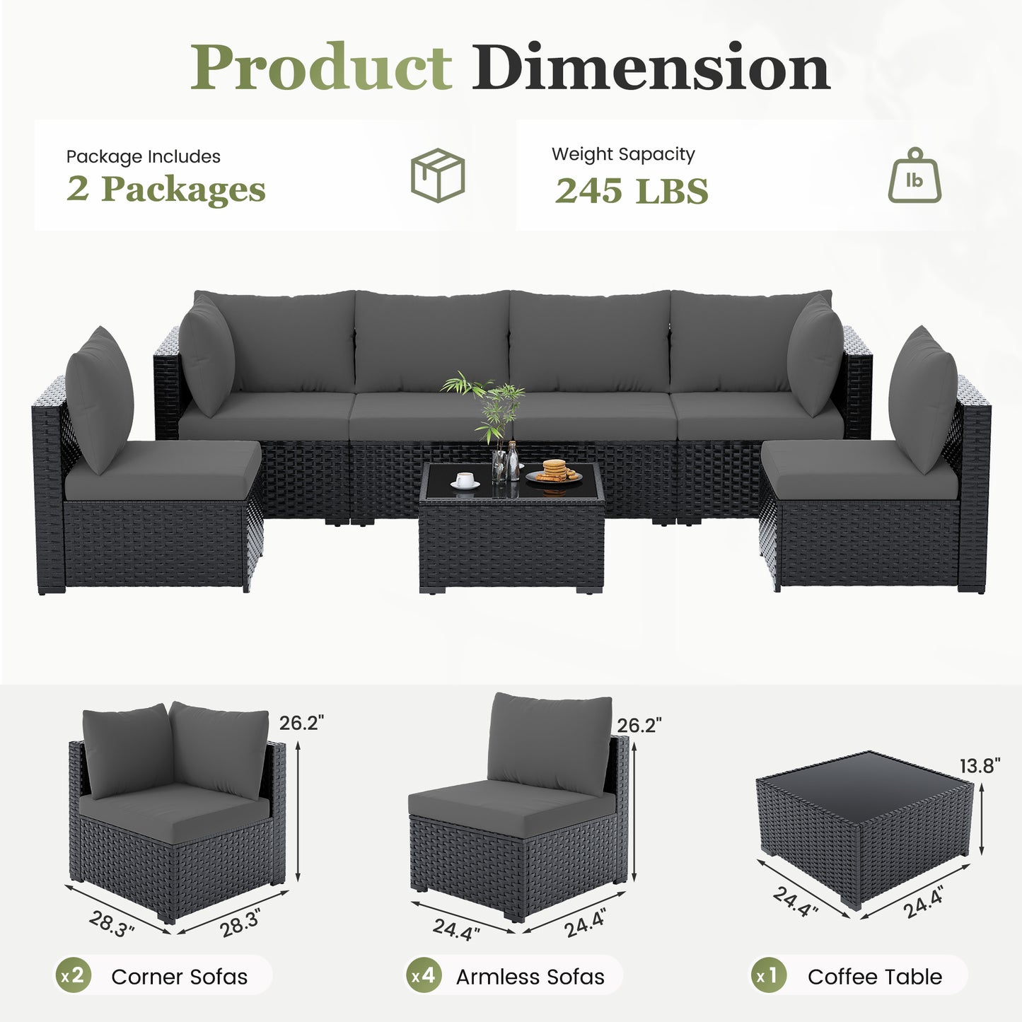 Amopatio 7 Piece Patio Furniture Set, Outdoor Sectional Modular Wicker Outdoor Furniture, Coffee Table Included, for Porch, Garden, Backyard,Grey
