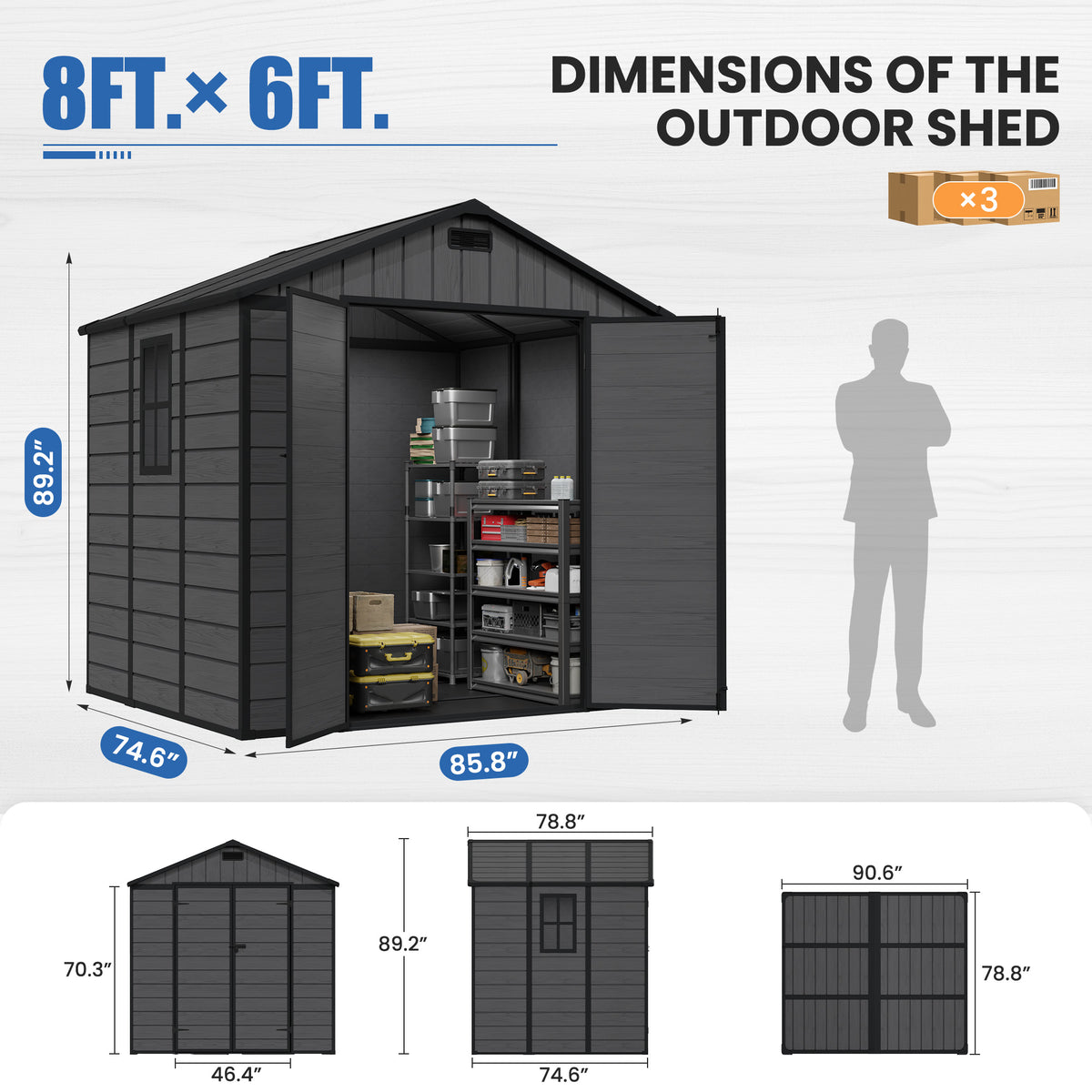 Amopatio 8x6 FT Resin Shed with Floor Included, Outdoor Storage Shed, Plastic Sheds for Bike, Garden Tools, Dark Grey
