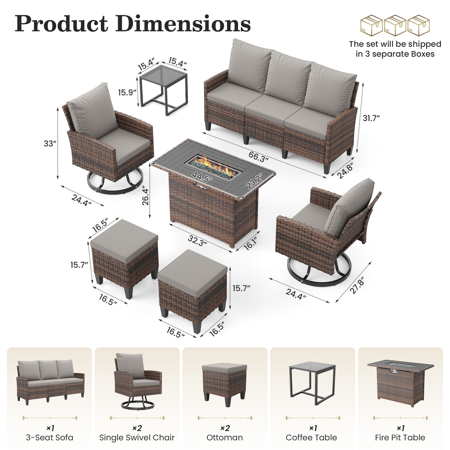 Patio Furniture Set with Fire Pit Table,7 Pieces Conversation Sofa with 360°Swivel Chairs, All Weather Wicker Outdoor Furniture Couch for Backyard Garden Pool Deck,Grey