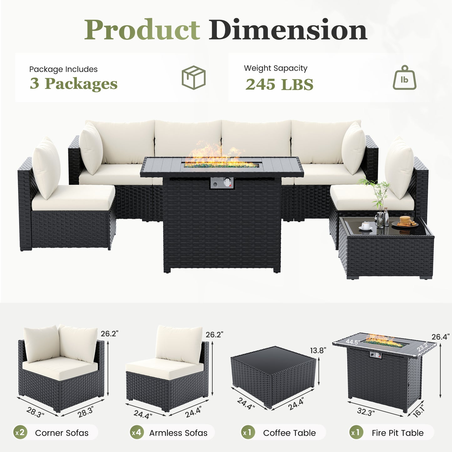 Amopatio 8 Pieces Patio Furniture Set with Fire Pit Table, Beige
