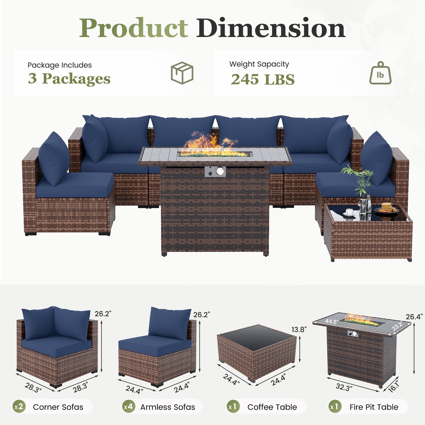 Amopatio 8 Pieces Patio Furniture Set with Fire Pit Table, All-Weather Outdoor Sectional, Wicker Conversation Sofa for Garden, Backyard, Porch, Balcony(Navy Blue)