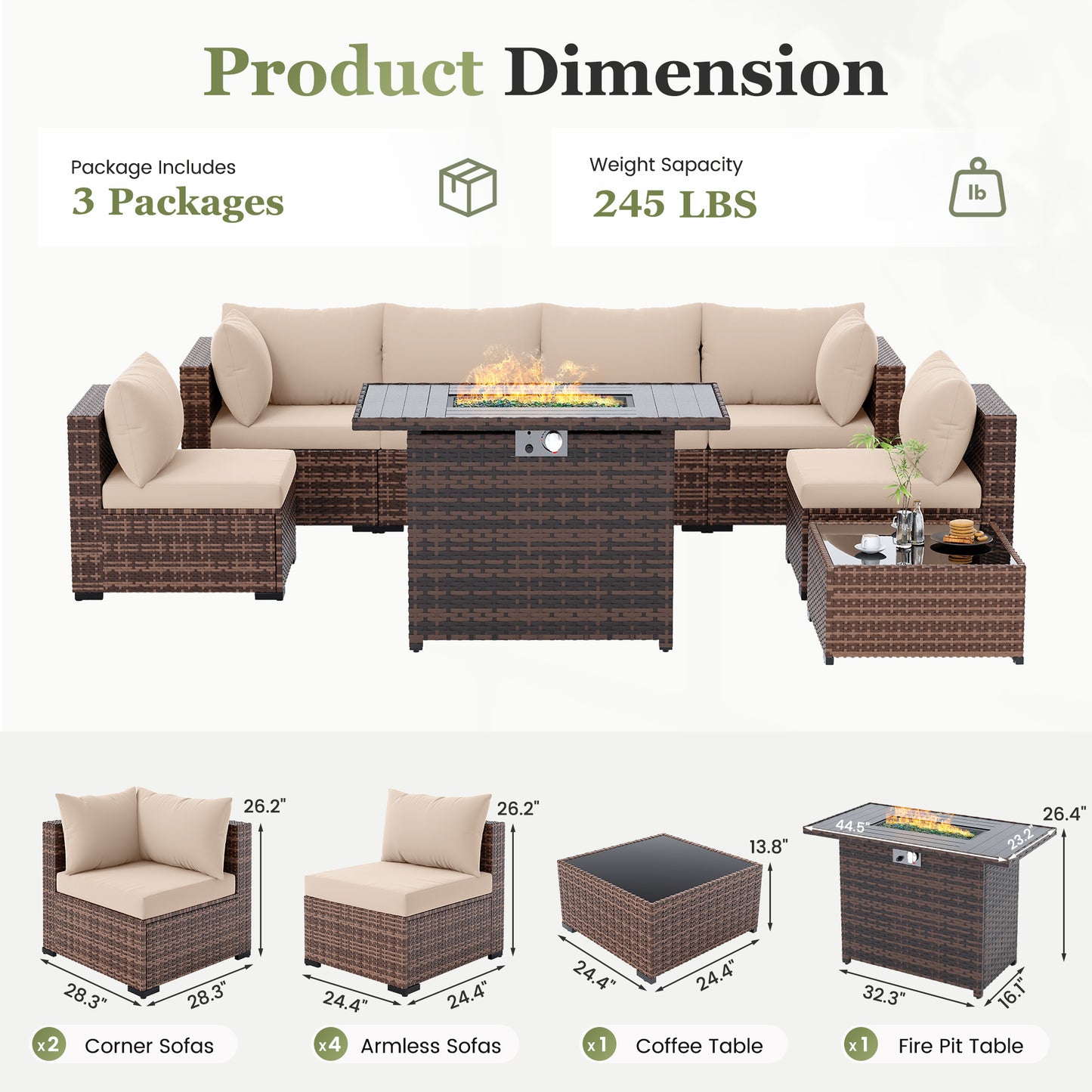 Amopatio 8 Pieces Patio Furniture Set with Fire Pit Table, All-Weather Outdoor Sectional, Wicker Conversation Set for Garden, Backyard, Porch, Balcony, Khaki