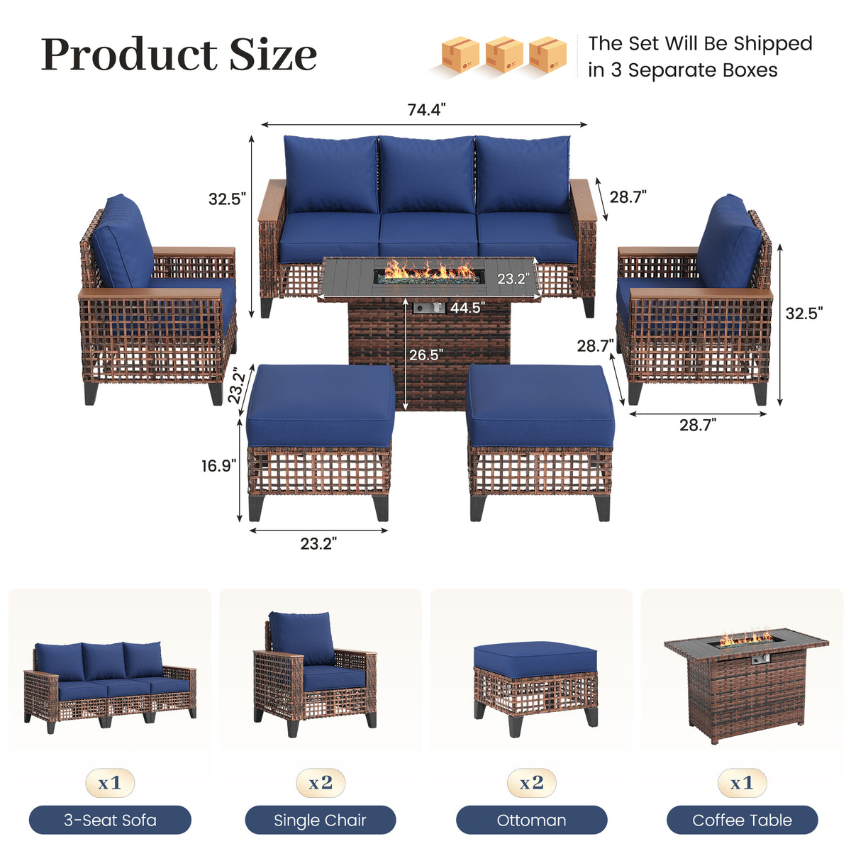 Amopatio Patio Furniture Set with Fire Pit Table, Wicker Conversation Set, Blue