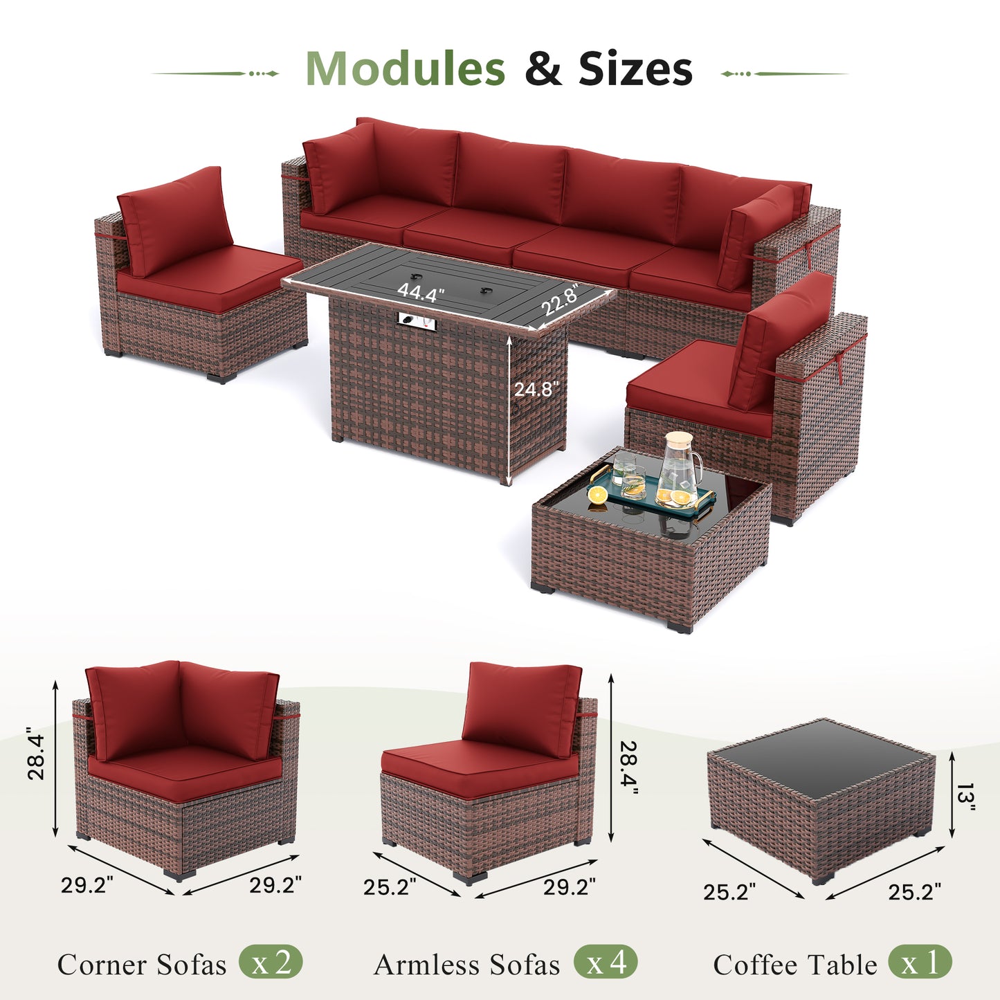 Amopatio 8 Pieces Patio Furniture Set with Fire Pit Table, Outdoor Sectional Conversation Sofa with Waterproof Cover, All-Weather Wicker for Garden, Backyard, Porch, Balcony(Wine Red)