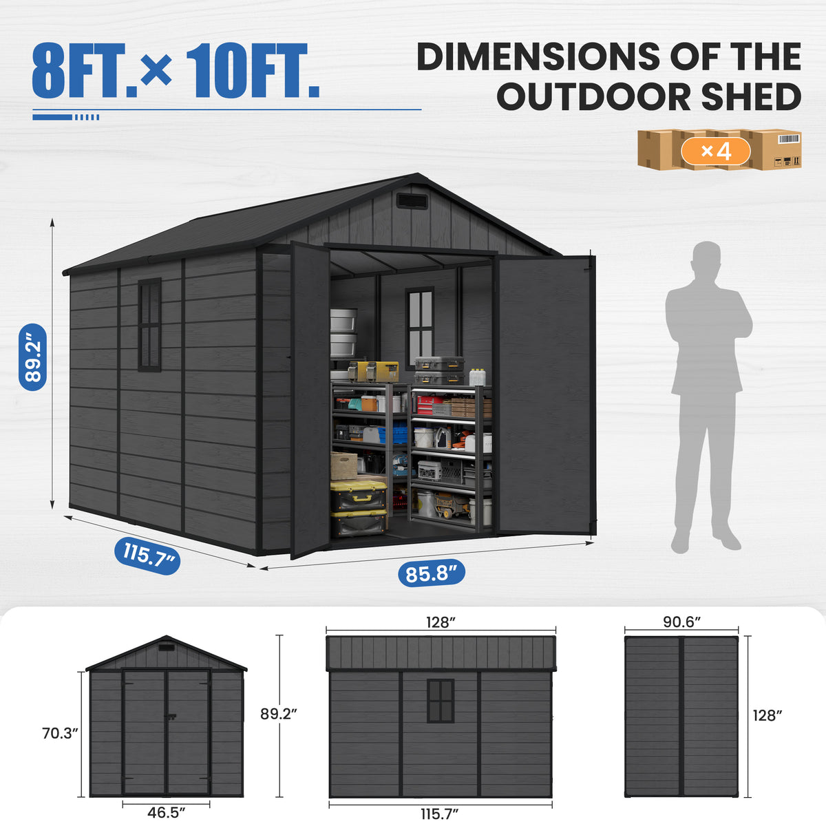 Amopatio 8X10 FT Outdoor Resin Storage Shed, Dark Grey