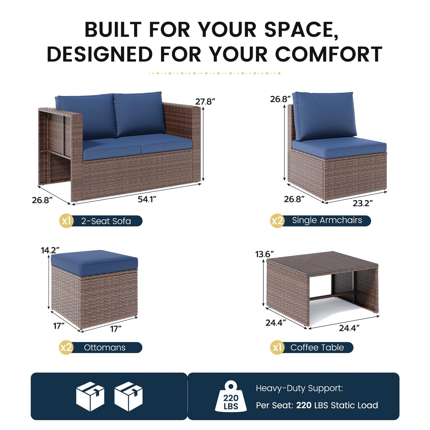 6 Pieces Patio Furniture Set, Space-Saving Nestable All-Weather Wicker Outdoor Conversation Sofa Set with Glass Coffee Table, Cushions & Ottomans for Deck Backyard Porch Lawn Blue