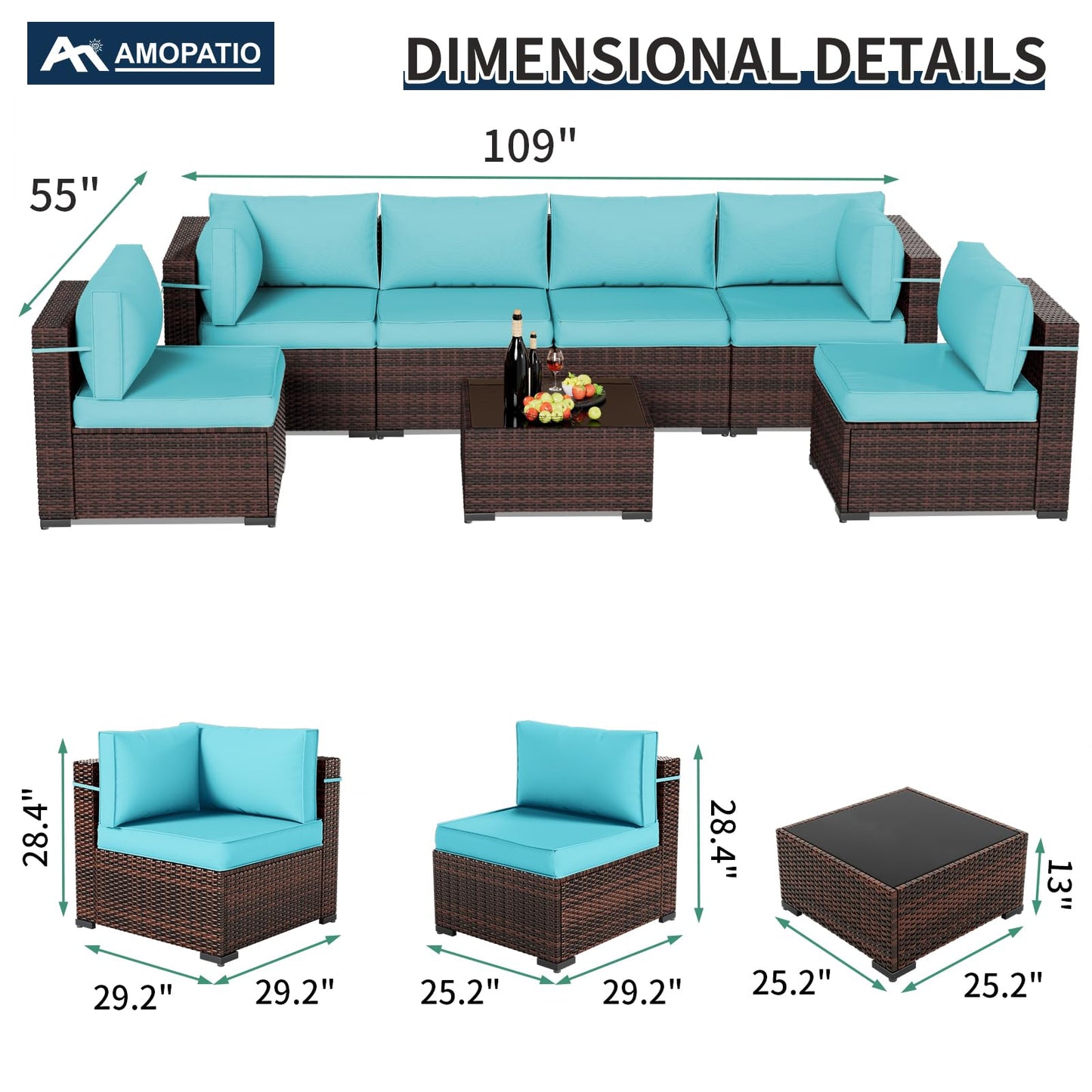 Amopatio Patio Furniture Sets with Waterproof Cover 7 Pieces Patio Conversation Set Outdoor Sectional Wicker Rattan Sofa,Patio Furniture with Pillows Fits Porch Garden Backyard Balcony(Sky-Blue)