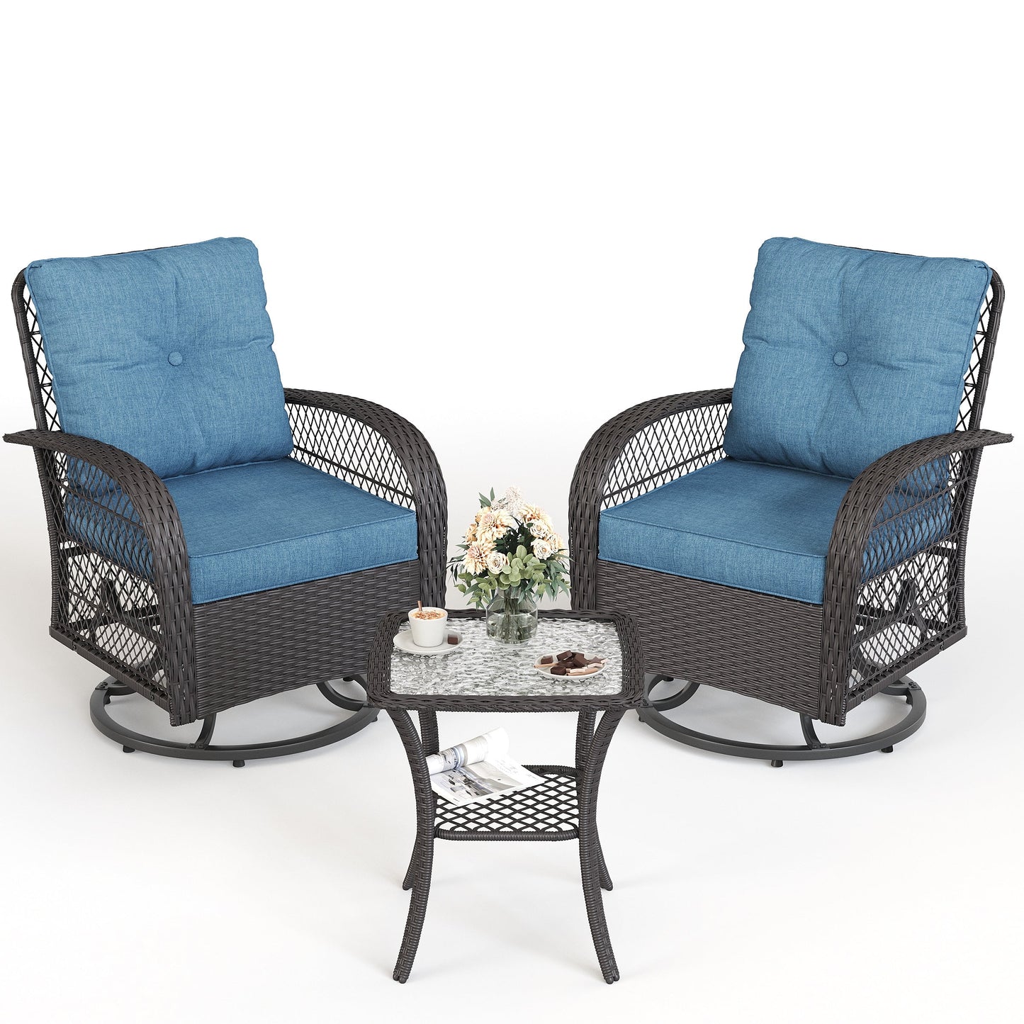 ELPOSUN 3 Pieces Patio Furniture Set, Outdoor Swivel Gliders Rocker, Wicker Patio Bistro Set with Rattan Rocking Chair, Glass Top Side Table and Thickened Cushions for Porch Deck Backyard