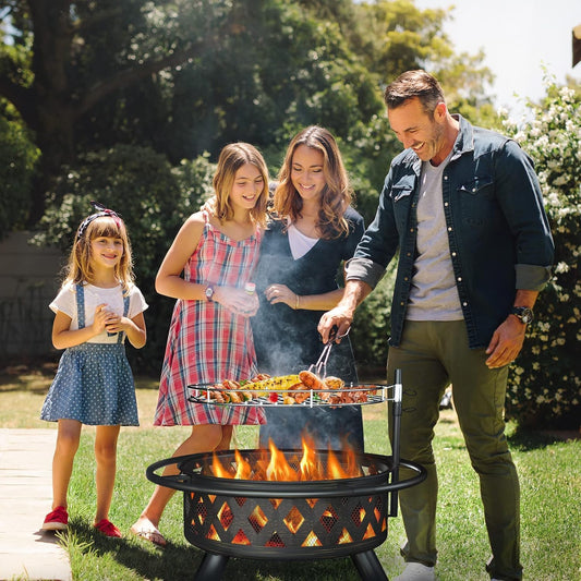 Amopatio Outdoor Fire Pit with Lid, 30 Inch Large Outdoor Wood Burning Fire Pits, Patio Backyard Firepit with Steel BBQ Grill Cooking Grate, Spark Screen & Poker for Garden, Bonfire, Camping, Picnic