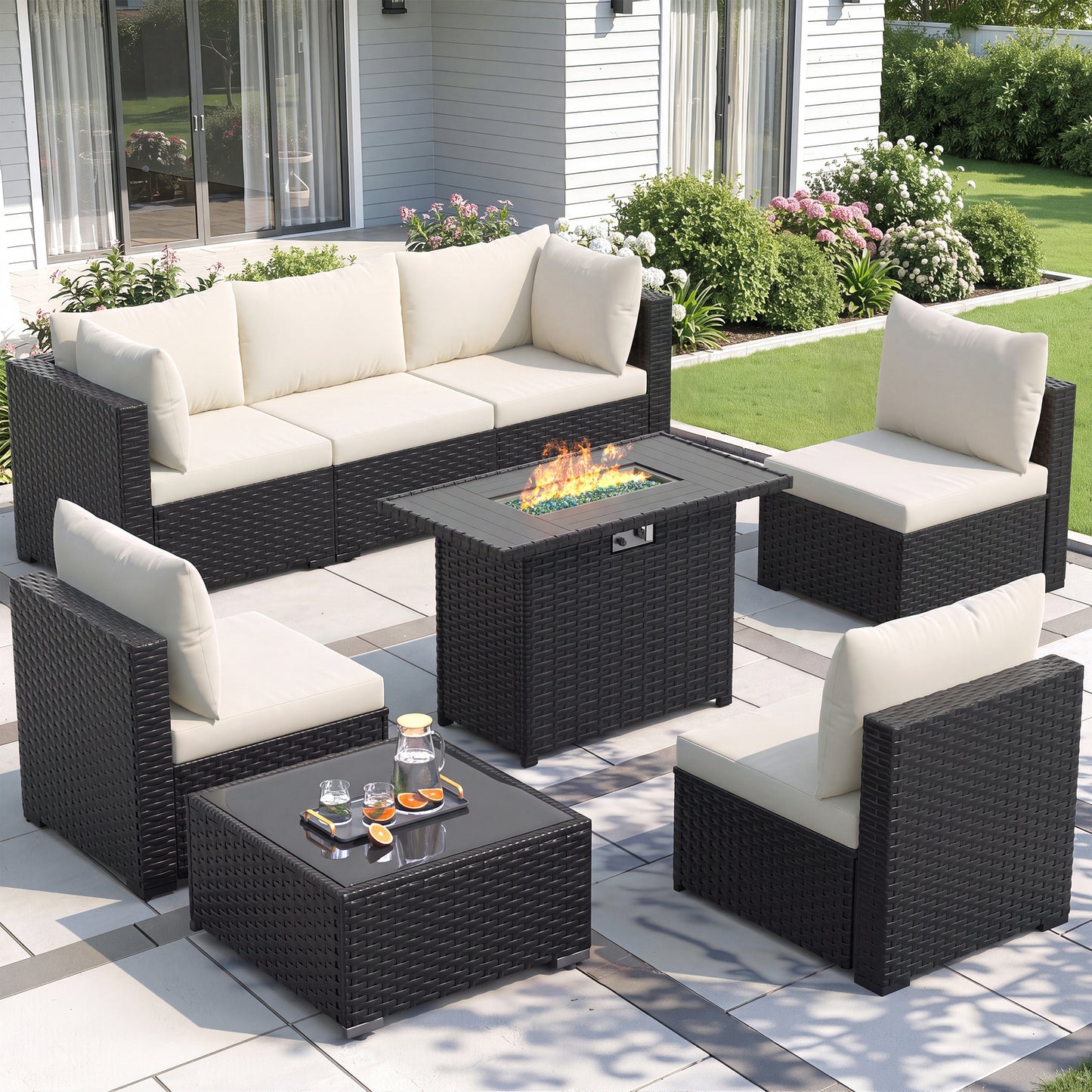 Amopatio 8 Pieces Patio Furniture Set with Fire Pit Table, Beige