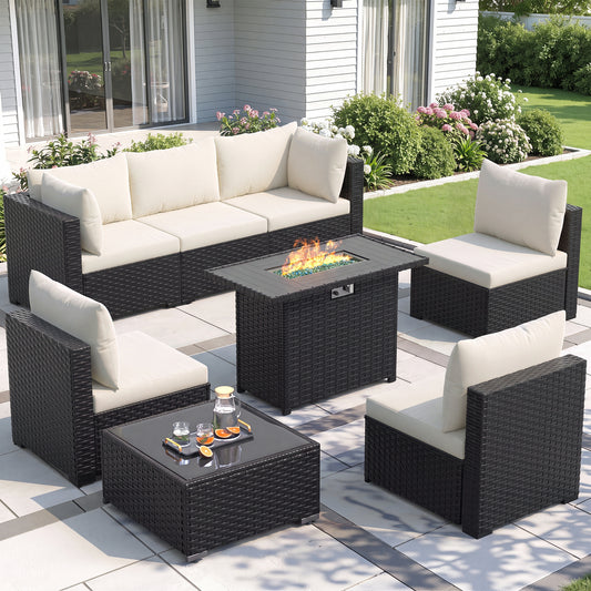 Amopatio 8 Pieces Patio Furniture Set with Fire Pit Table, Beige