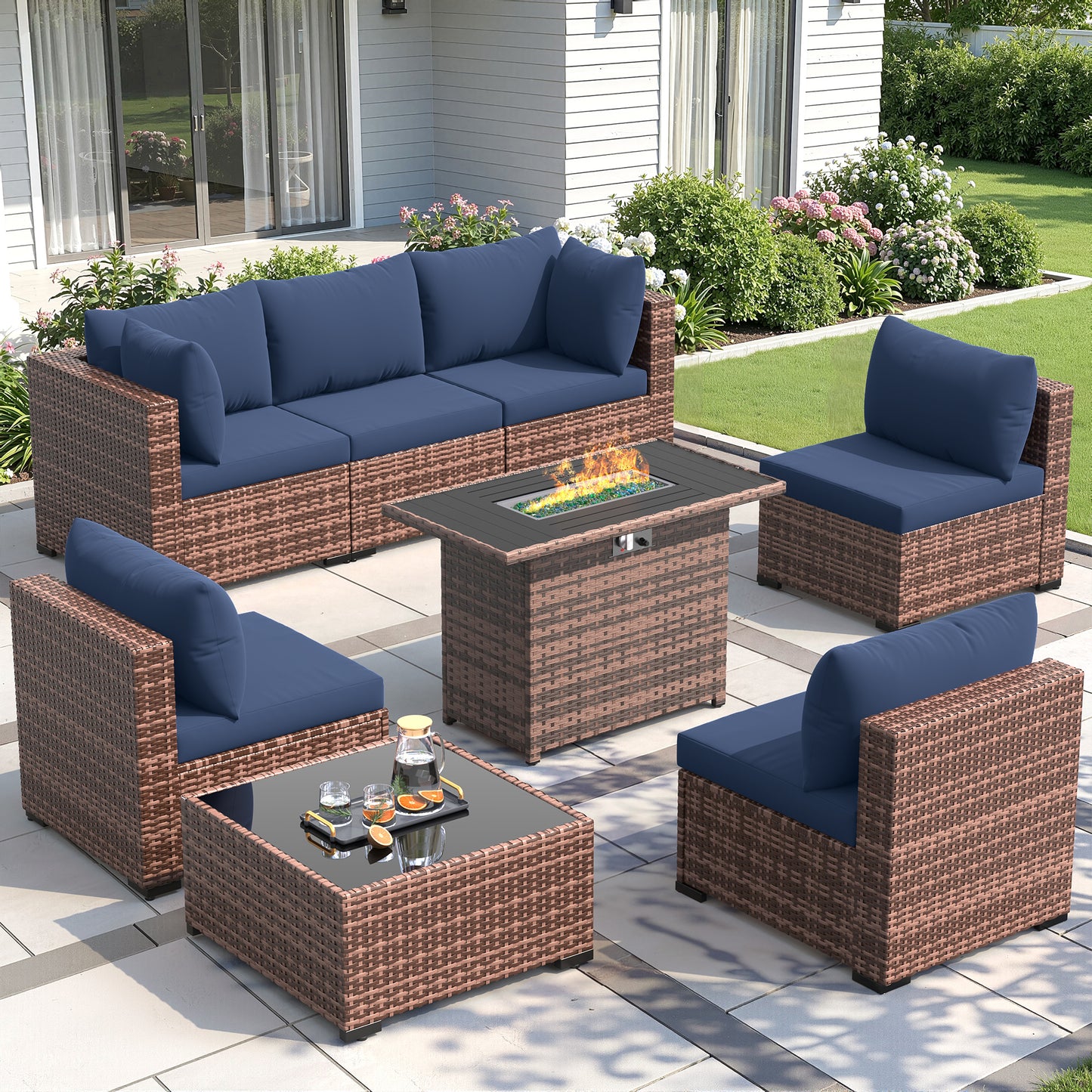 Amopatio 8 Pieces Patio Furniture Set with Fire Pit Table, All-Weather Outdoor Sectional, Wicker Conversation Set for Garden, Backyard, Porch, Balcony, Navy Blue