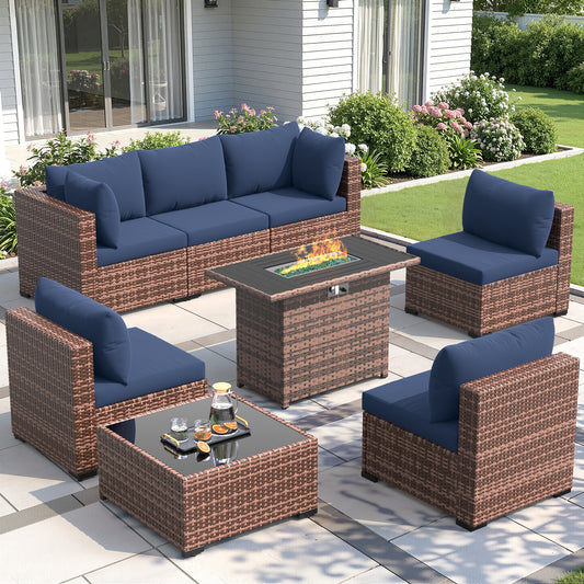 Amopatio 8 Pieces Patio Furniture Set with Fire Pit Table, All-Weather Outdoor Sectional, Wicker Conversation Set for Garden, Backyard, Porch, Balcony, Navy Blue