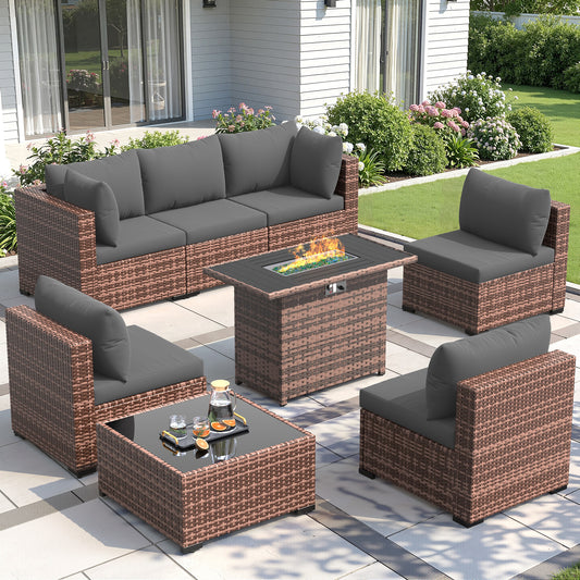 Amopatio 8 Pieces Patio Furniture Set with Fire Pit Table, Dark Grey