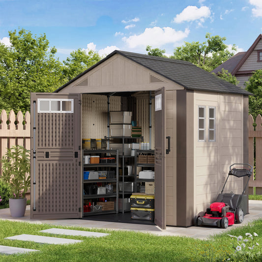 Amopatio 8x6 FT Outdoor Storage Shed with Floor, HDPE Resin Shed with Lockable Door, Window & Vents, for Bike, Garden Tools, Pool Supplies, khaki