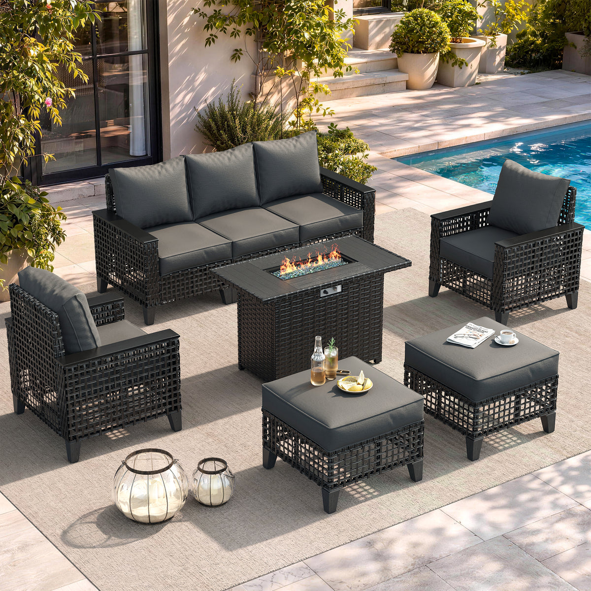 Amopatio Patio Furniture Set with Fire Pit Table, Wicker Conversation Set, Grey