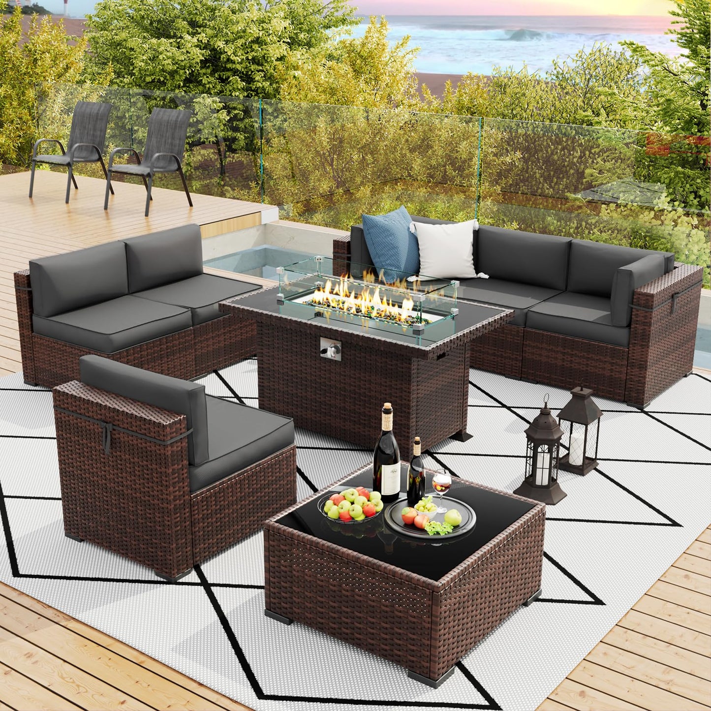 Amopatio 8 Pieces Patio Furniture Set with Fire Pit Table, Outdoor Sectional Conversation Sofa with Waterproof Cover, All-Weather Wicker for Garden, Backyard, Porch, Balcony(Dark Grey)