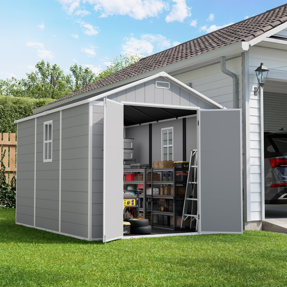 Amopatio 8X10 FT Outdoor Resin Storage Shed with Floor Included, Plastic Tool Shed with Lockable Door, Window & Vents, Waterproof, for Bike & Garden Tools, Light Grey