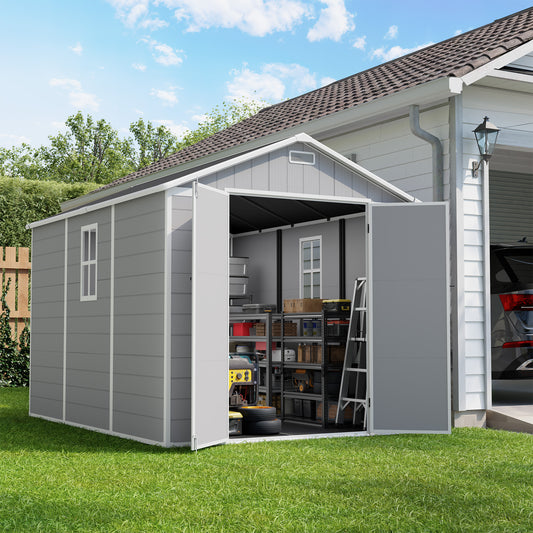 Amopatio 8X10 FT Outdoor Resin Storage Shed with Floor Included, Plastic Tool Shed with Lockable Door, Window & Vents, Waterproof, for Bike & Garden Tools, Light Grey