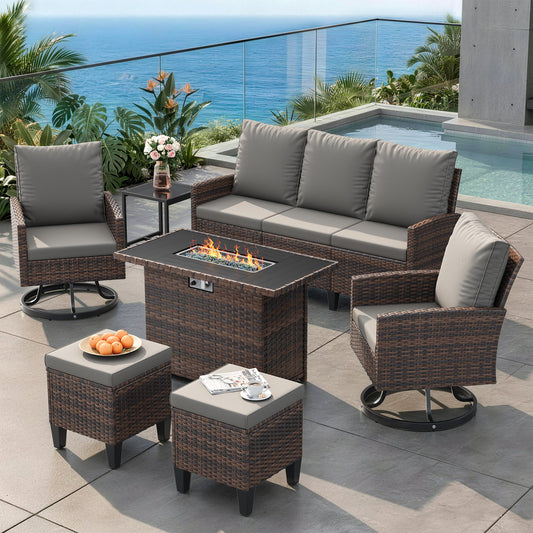 Patio Furniture Set with Fire Pit Table,7 Pieces Conversation Sofa with 360°Swivel Chairs, All Weather Wicker Outdoor Furniture Couch for Backyard Garden Pool Deck,Grey