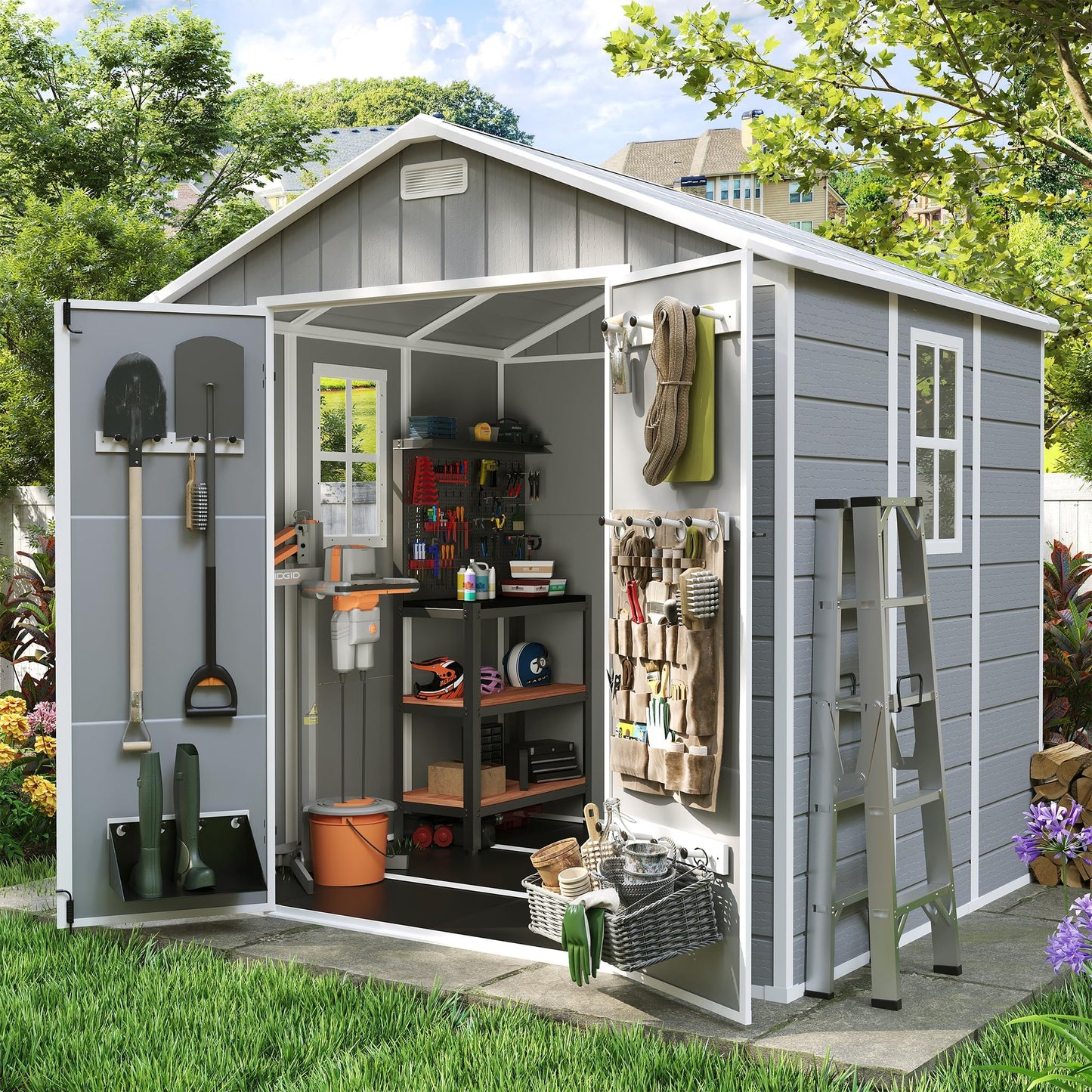 Amopatio Storage Shed 6x8, Resin Outdoor Shed with Floor Included, Plastic Sheds Outdoor Storage for Bike, Garden Tools, Grey & White