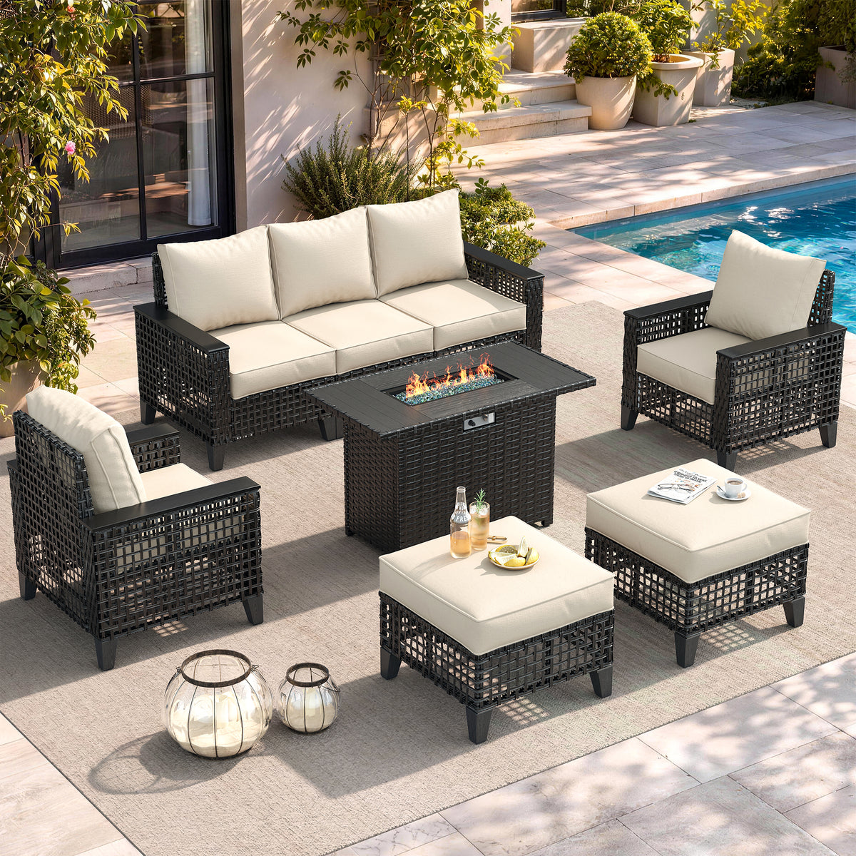 Amopatio Patio Furniture Set with Fire Pit Table, Wicker Conversation Set, Beige