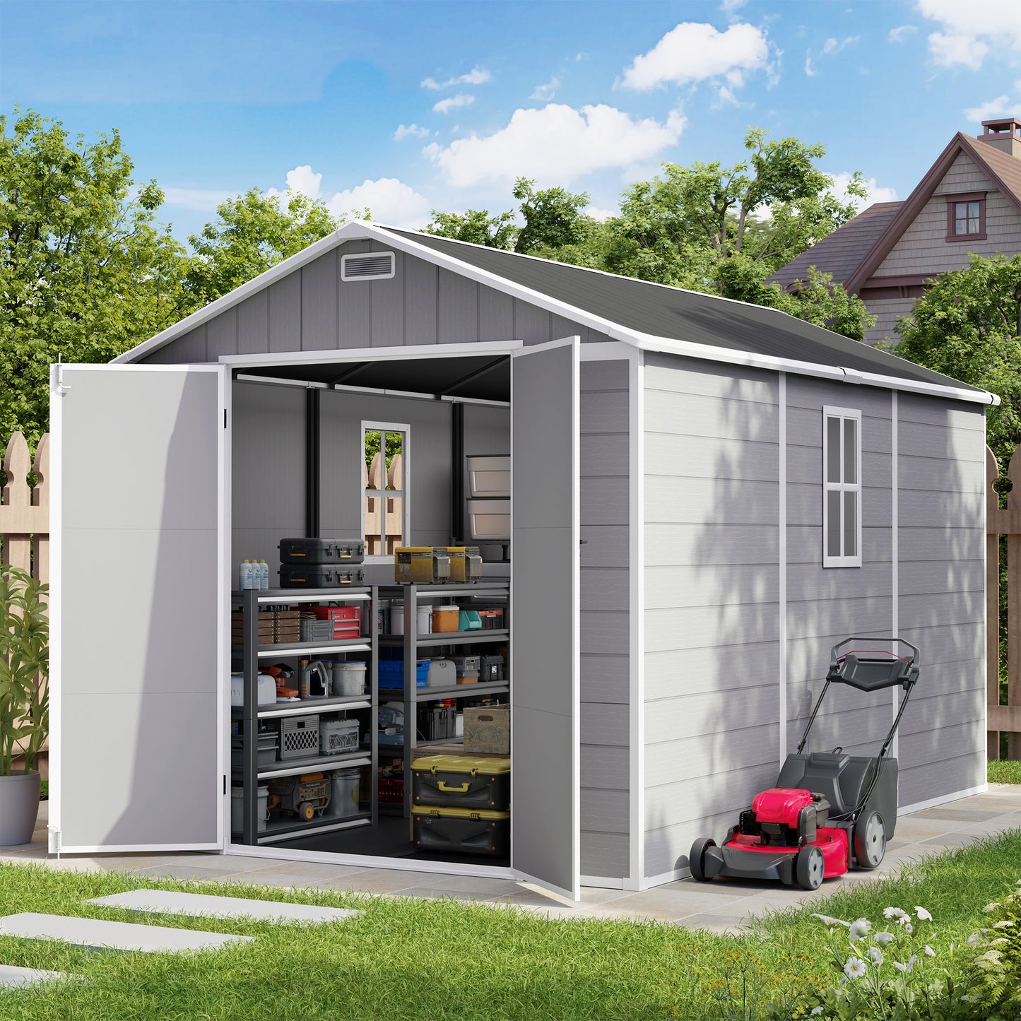 Amopatio 8X12 FT Resin Storage Shed with Floor Included, Plastic Outdoor Shed with Lockable Door, Window & Vents, for Lawnmower, Garden Tools, Pool Supplies, Grey & White