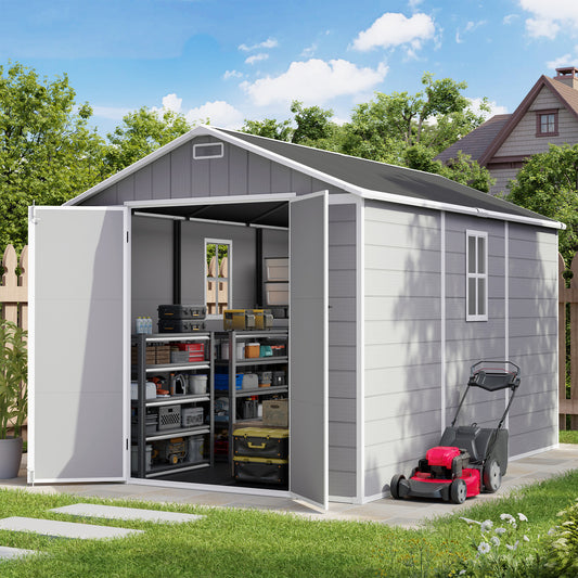Amopatio 8X12 FT Resin Storage Shed with Floor Included, Plastic Outdoor Shed with Lockable Door, Window & Vents, for Lawnmower, Garden Tools, Pool Supplies, Grey & White