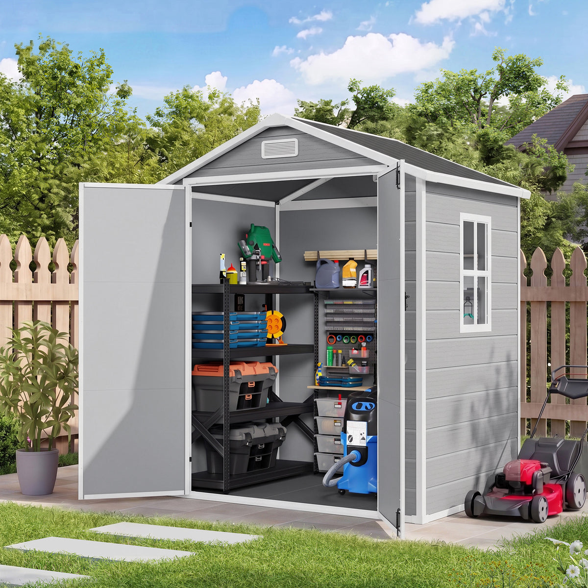Amopatio 6x4 FT Outdoor Storage Shed with Floor, Grey & White