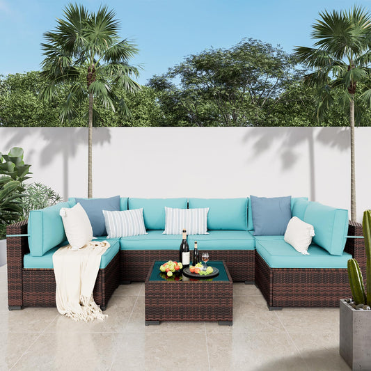 Amopatio Patio Furniture Sets with Waterproof Cover 7 Pieces Patio Conversation Set Outdoor Sectional Wicker Rattan Sofa,Patio Furniture with Pillows Fits Porch Garden Backyard Balcony(Sky-Blue)