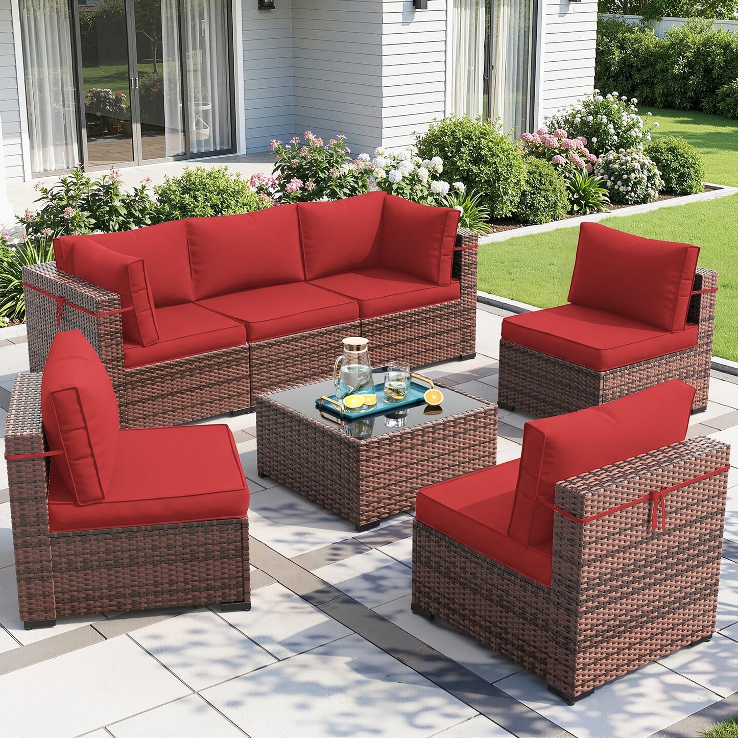 Amopatio Patio Furniture Set Modular Outdoor Sectional 7 Piece Wicker Patio Set, Multiple Combinations Outdoor Sofa w/Coffee Table, Waterproof Cover Included, Burgundy