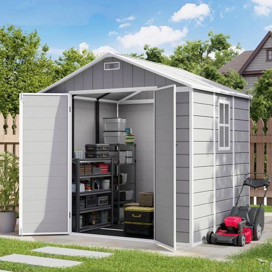 Amopatio 8x6 FT Resin Shed, Outdoor Storage Shed with Floor Included, Plastic Sheds for Bike, Garden Tools, Sheds & Outdoor Storage with Lockable Door, Window & Vents, Grey & White