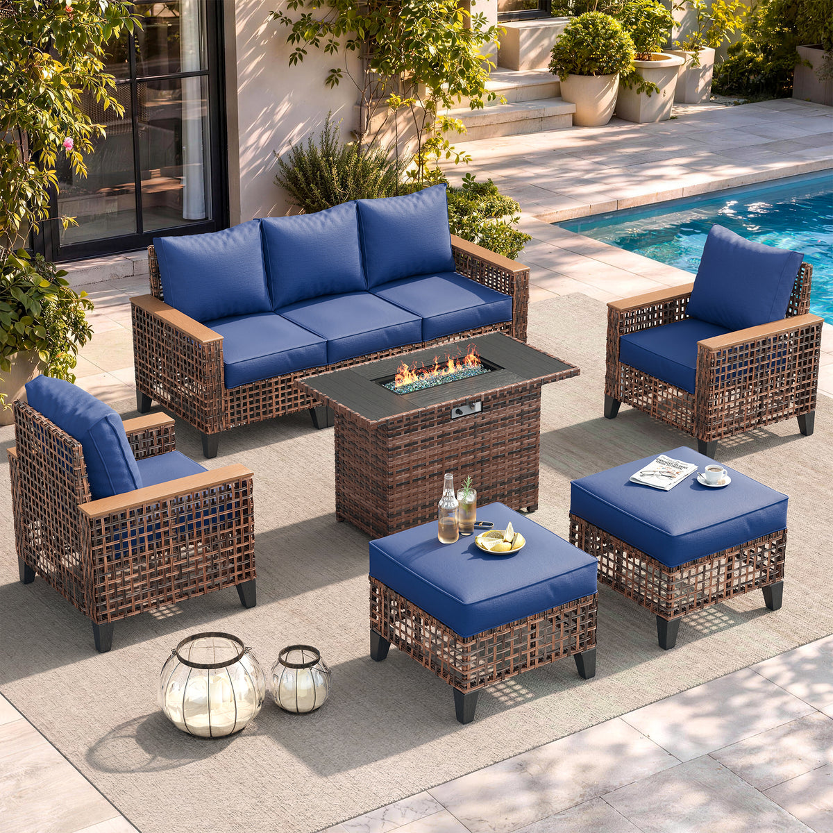 Amopatio Patio Furniture Set with Fire Pit Table, Wicker Conversation Set, Blue