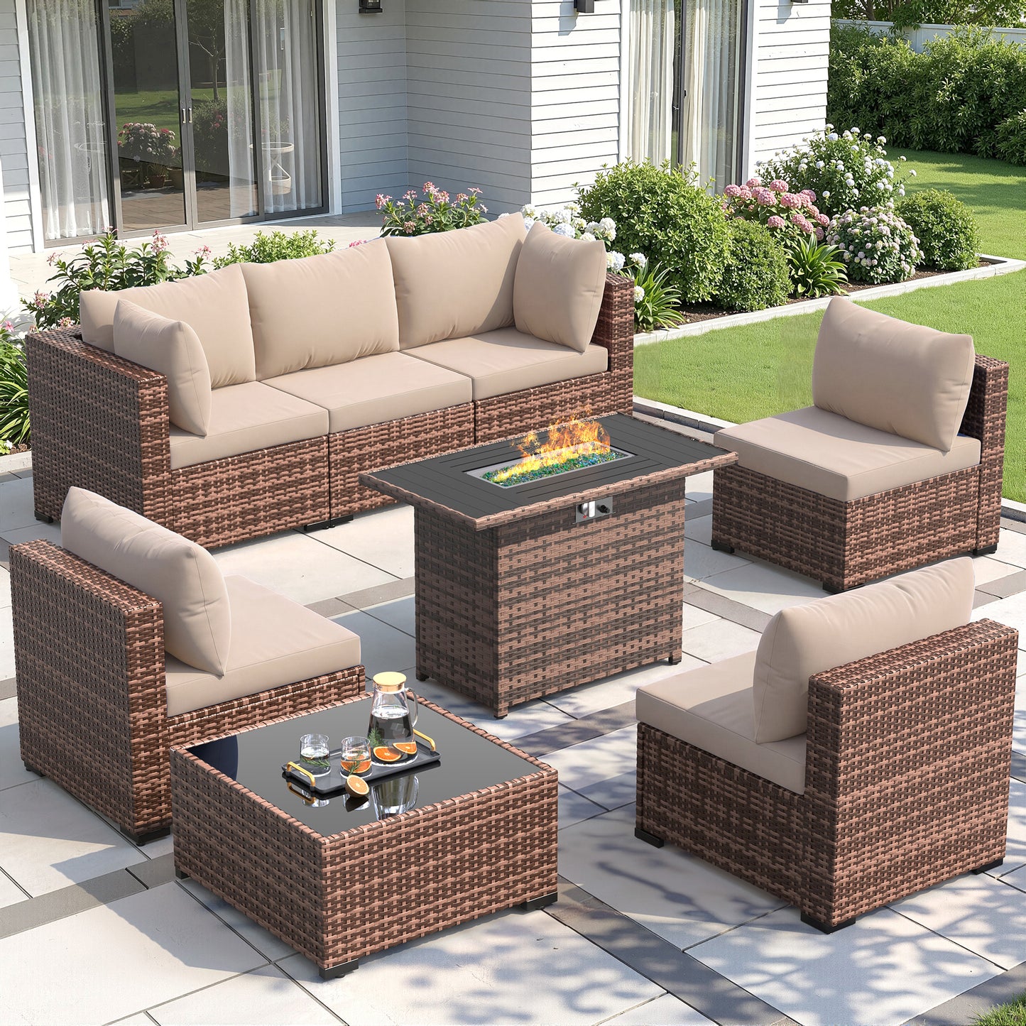 Amopatio 8 Pieces Patio Furniture Set with Fire Pit Table, All-Weather Outdoor Sectional, Wicker Conversation Set for Garden, Backyard, Porch, Balcony, Khaki
