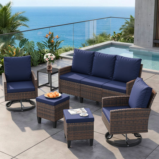 Outdoor Patio Furniture Set, 6 Pieces Conversation Sofa with 360°Swivel Chairs, All Weather Wicker Outdoor Furniture Couch for Backyard Garden Pool Deck,Blue
