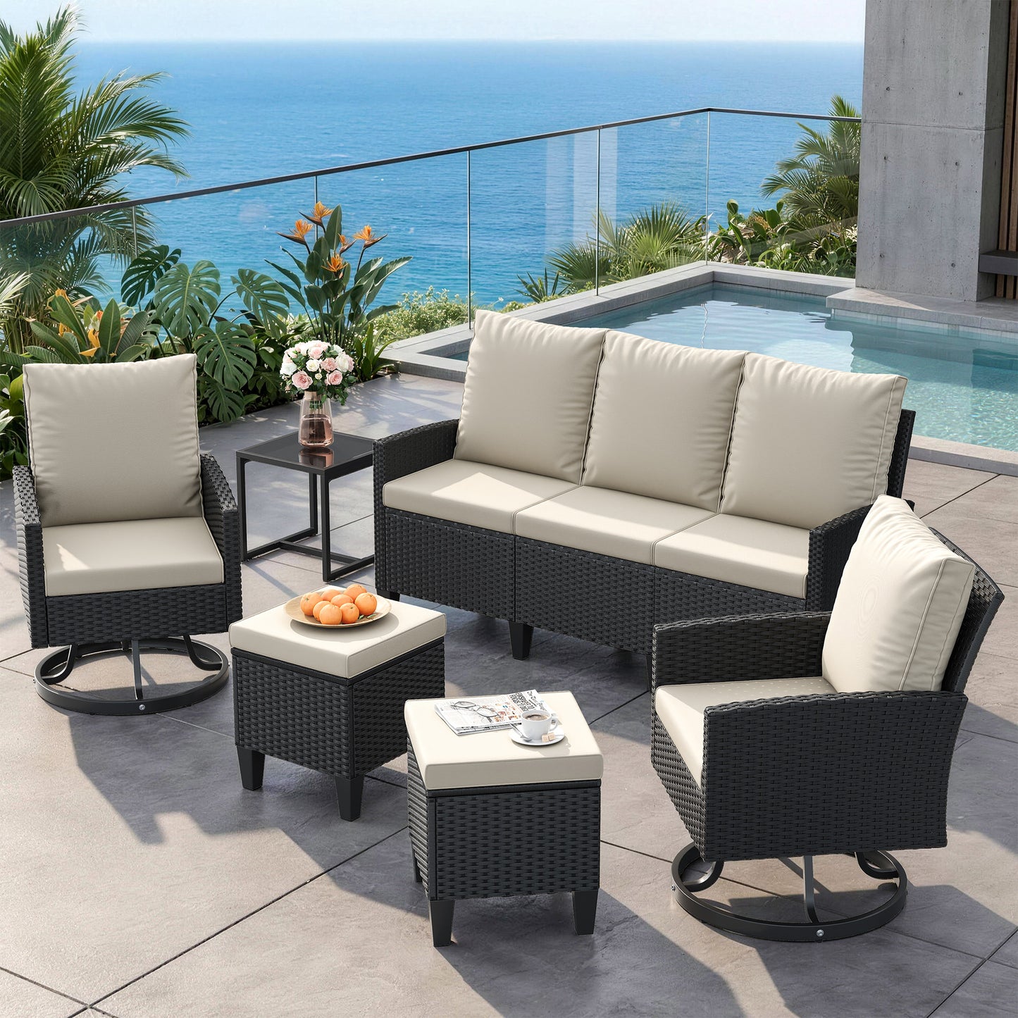 Outdoor Patio Furniture Set, 6 Pieces Conversation Sofa with 360°Swivel Chairs, All Weather Wicker Outdoor Furniture Couch for Backyard Garden Pool Deck,Beige