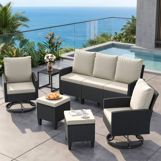 Outdoor Patio Furniture Set, 6 Pieces Conversation Sofa with 360°Swivel Chairs, All Weather Wicker Outdoor Furniture Couch for Backyard Garden Pool Deck,Beige