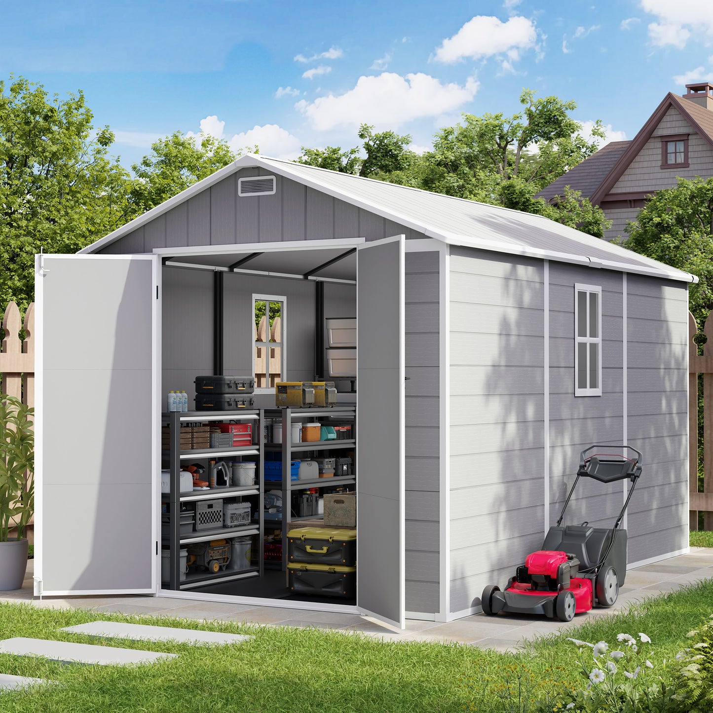 Amopatio 8X12 FT Resin Storage Shed with Floor Included, Plastic Outdoor Shed with Lockable Door, Window & Vents, for Lawnmower, Garden Tools, Pool Supplies, Grey White