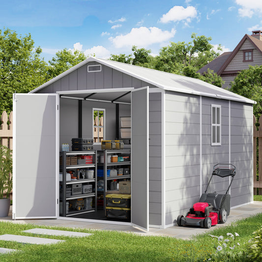 Amopatio 8X12 FT Resin Storage Shed with Floor Included, Plastic Outdoor Shed with Lockable Door, Window & Vents, for Lawnmower, Garden Tools, Pool Supplies, Grey White