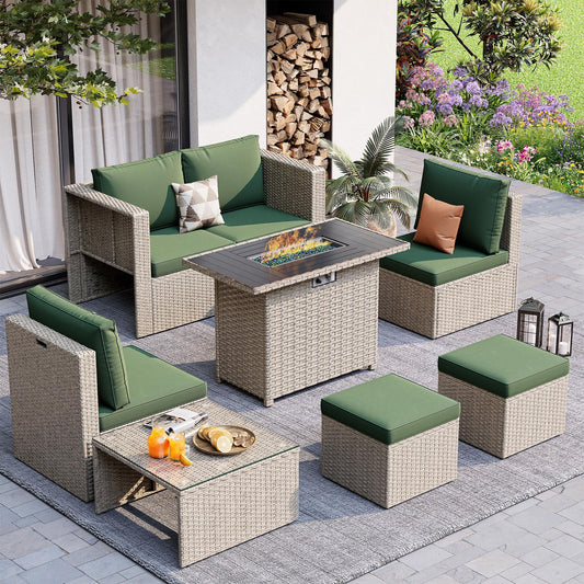 Amopatio 7 Pieces Patio Furniture Set with Fire Pit Table, All-Weather Wicker Outdoor Conversation Sofa Set with Glass Coffee Table, Cushions & Ottomans for Deck Backyard Porch Lawn Green